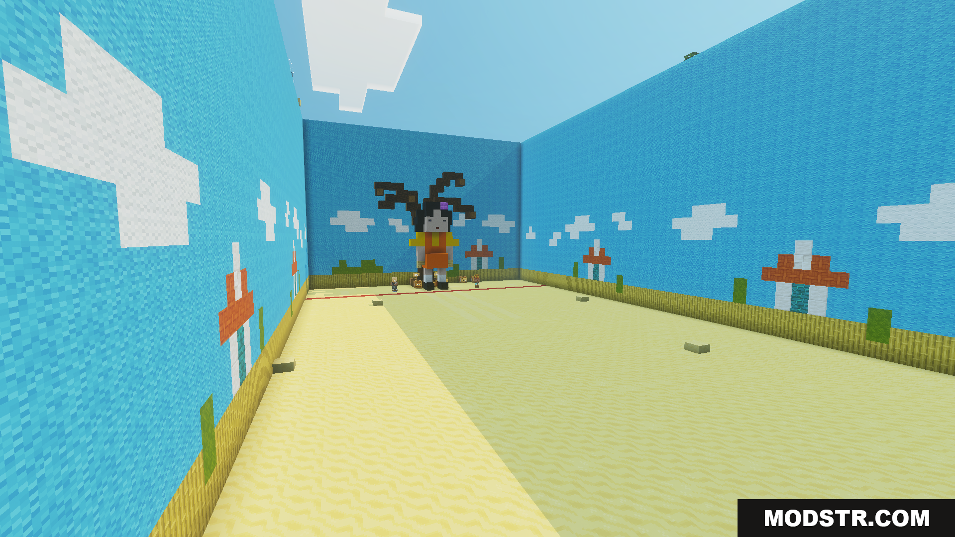 Squid Game Map Screenshot 8 Sân chơi rộng lớn với bức tường vẽ cảnh bầu trời và búp bê khổng lồ