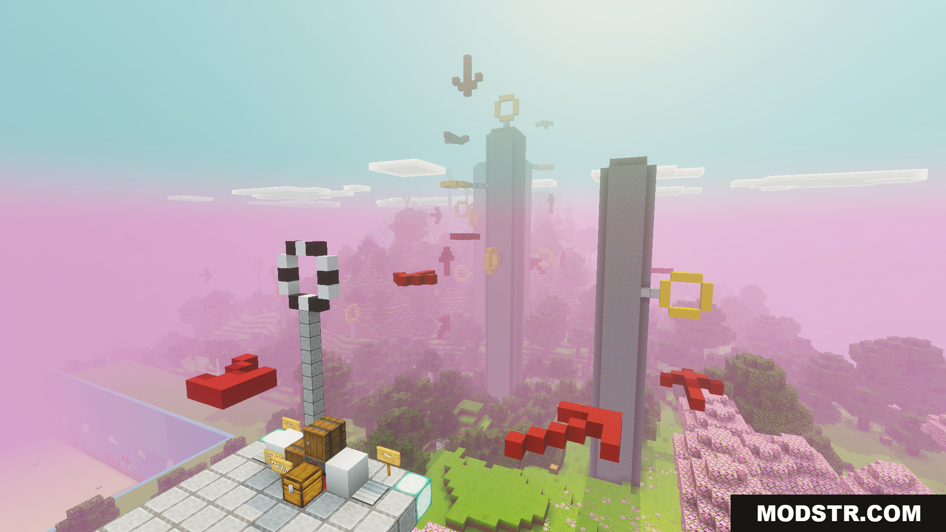 Squid Game Map Screenshot 7 Người chơi đứng trên bục cao nhìn xuống các chướng ngại vật lơ lửng