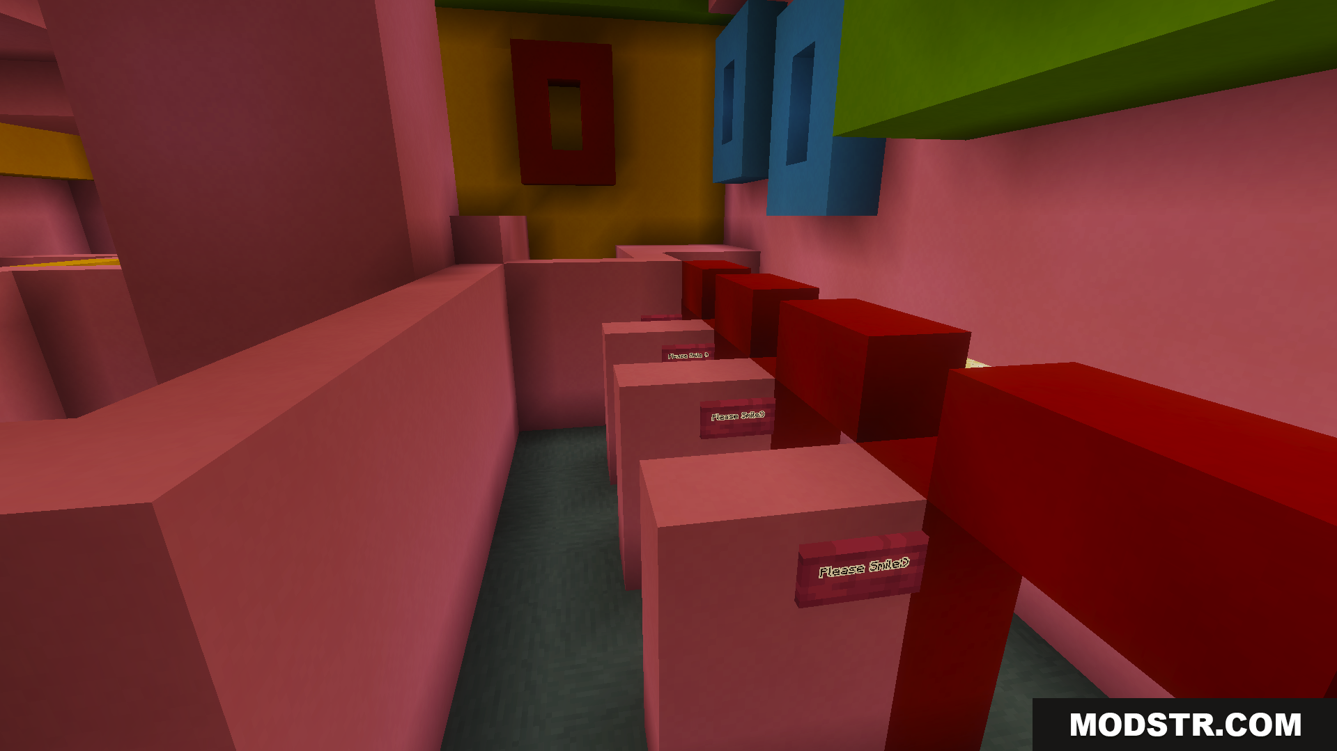 Squid Game Map Screenshot 3 Pink blocks with signs in a colorful maze room