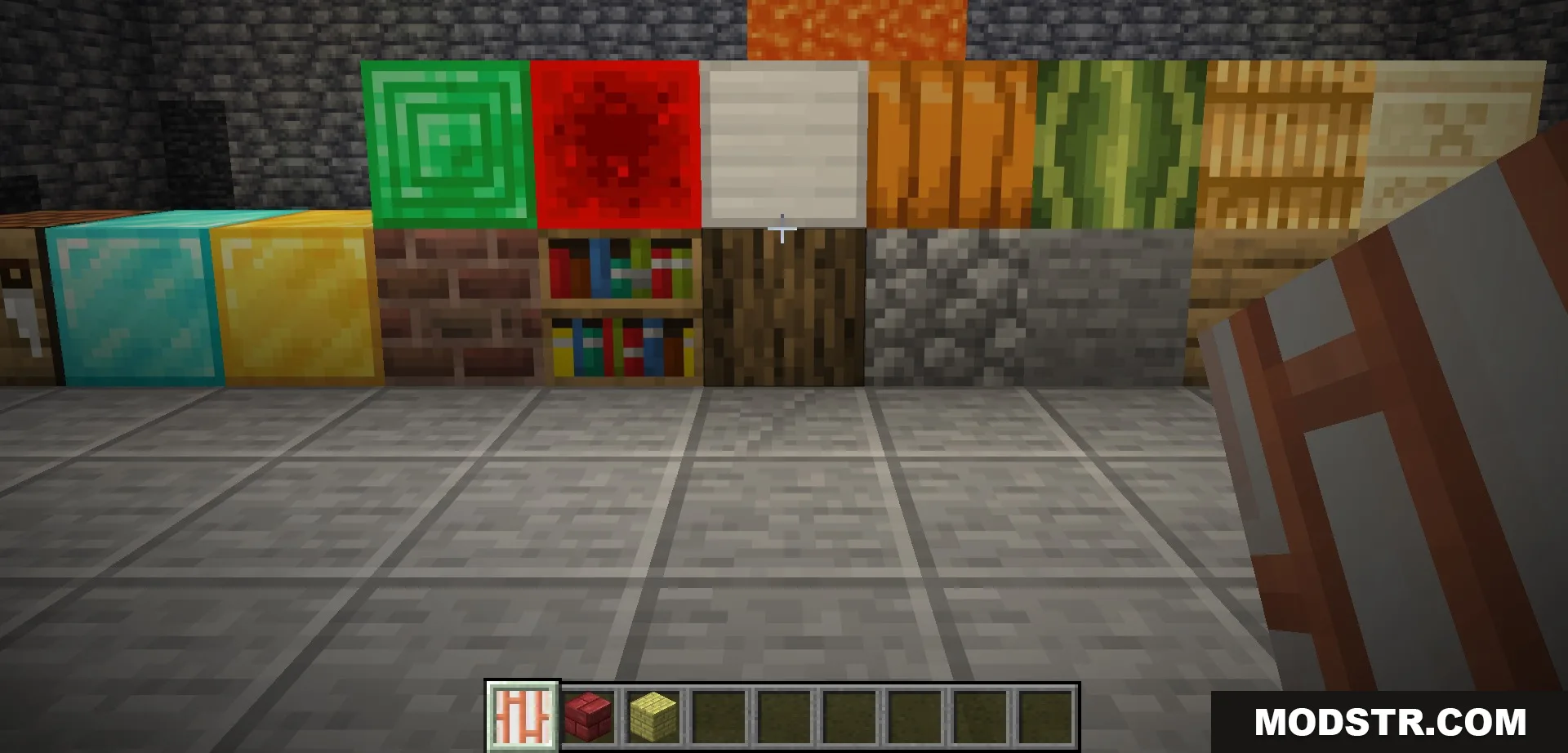 Stay True 9minecraft Resource Pack Screenshot 2 Displaying various blocks with updated textures against a dark stone wall