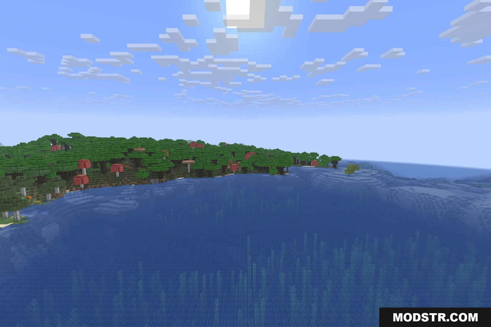 Stay True 9minecraft Resource Pack Screenshot 3 A scenic Minecraft forest with red mushrooms near a blue ocean