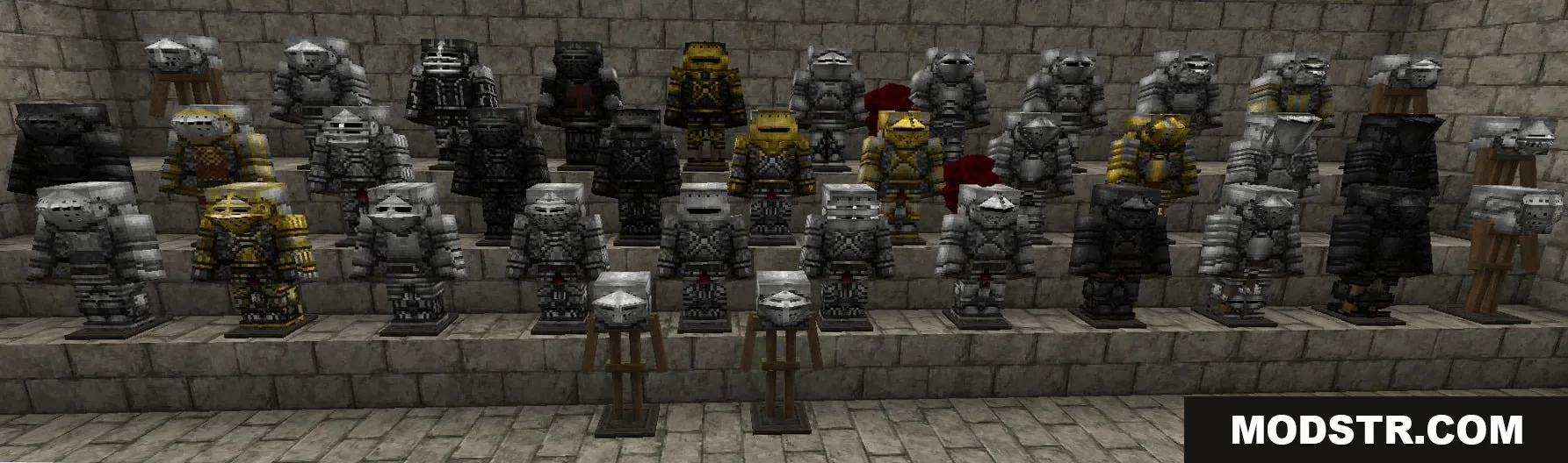 Steel Crown Heritage Resource Pack Screenshot 2 Detailed knightly plate armor sets displayed on stands against a stone wall