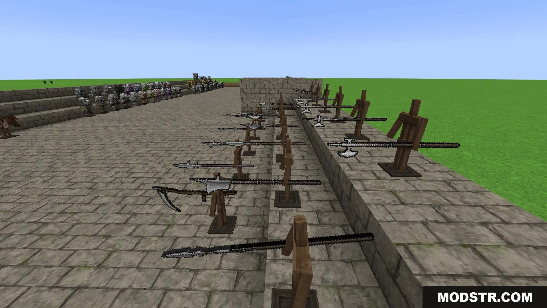 Steel Crown Heritage Resource Pack Screenshot 8 A long row of medieval polearms and spears displayed on wooden stands