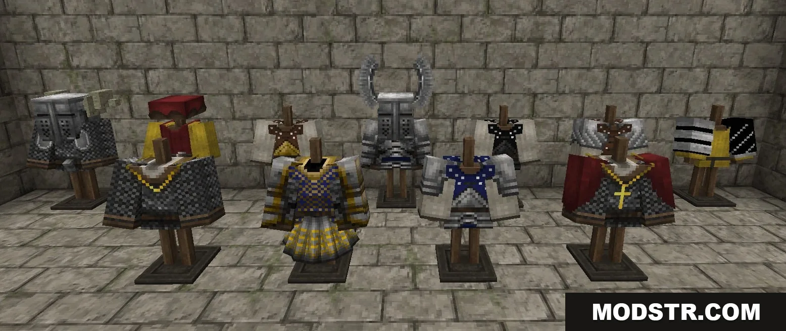 Steel Crown Heritage Resource Pack Screenshot 6 Historical knight armor with unique helmets and tunics on wooden stands