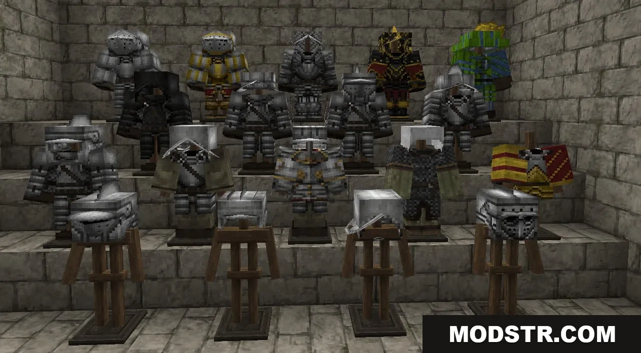 Steel Crown Heritage Resource Pack Screenshot 3 Various medieval plate and chainmail armor sets displayed on wooden stands