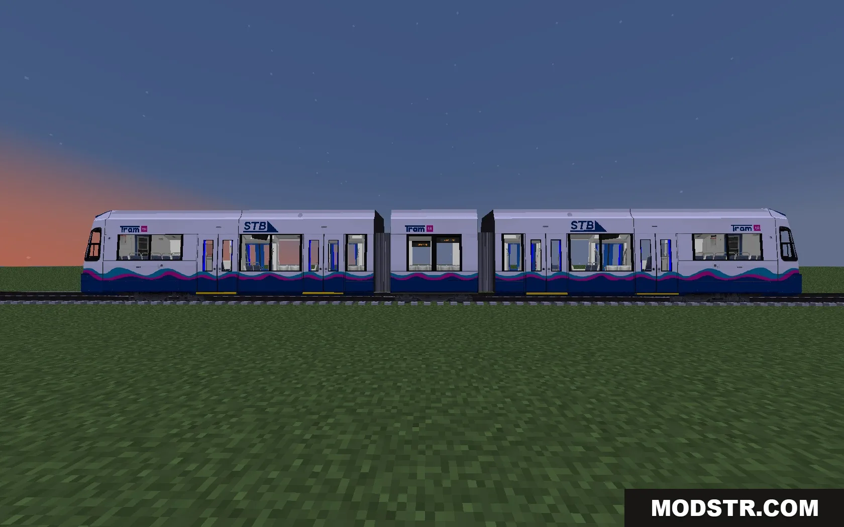 Steel Transit Blueprints Resource Pack Screenshot 2 A side view of a white and blue light rail tram on tracks