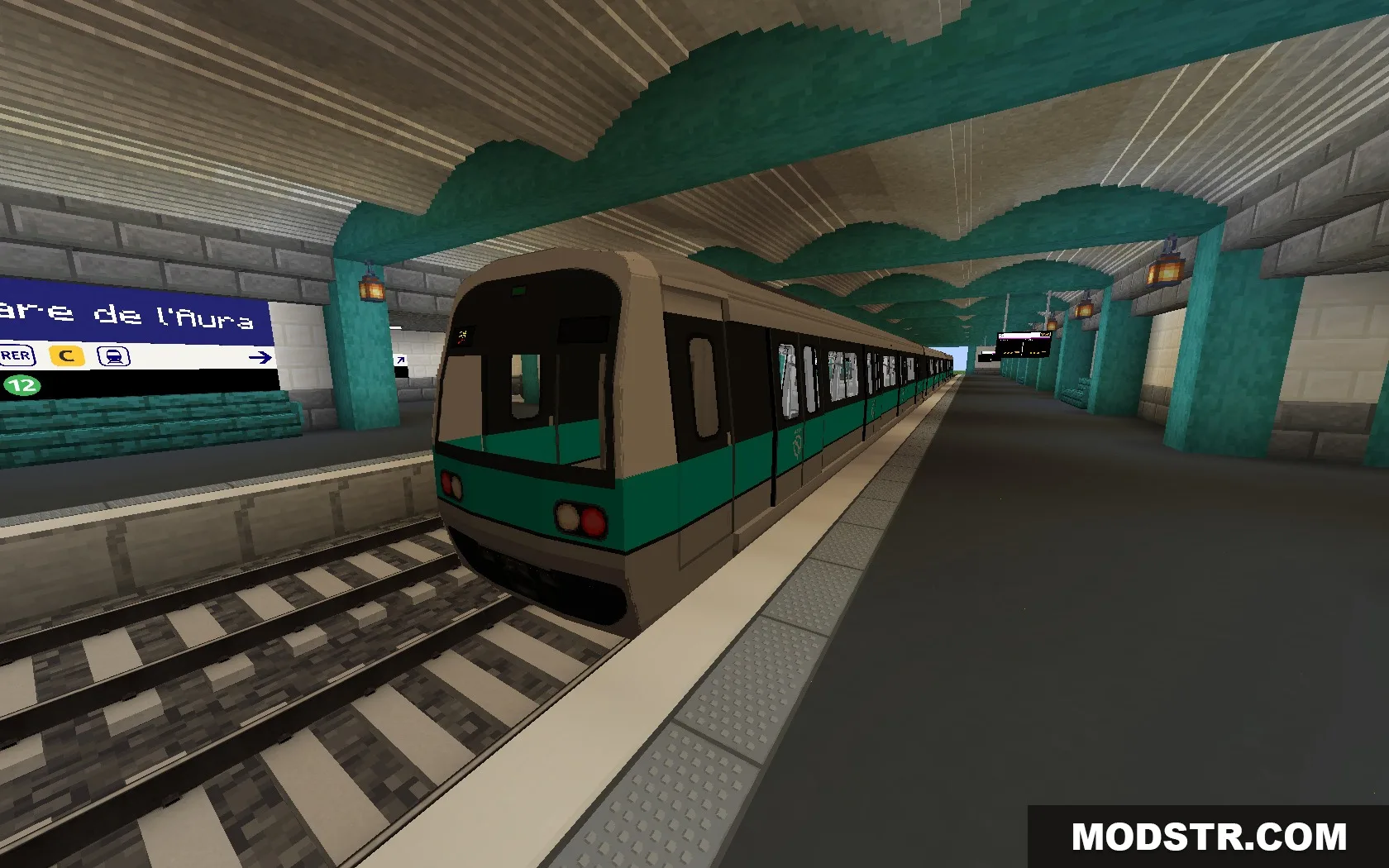Steel Transit Blueprints Resource Pack Screenshot 7 A Steel Transit Blueprints metro train stopped at an underground station platform