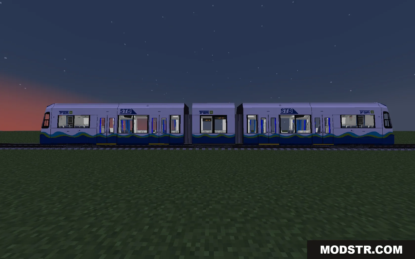 Steel Transit Blueprints Resource Pack Screenshot 3 A blue and white STB tram parked on tracks in a Minecraft world