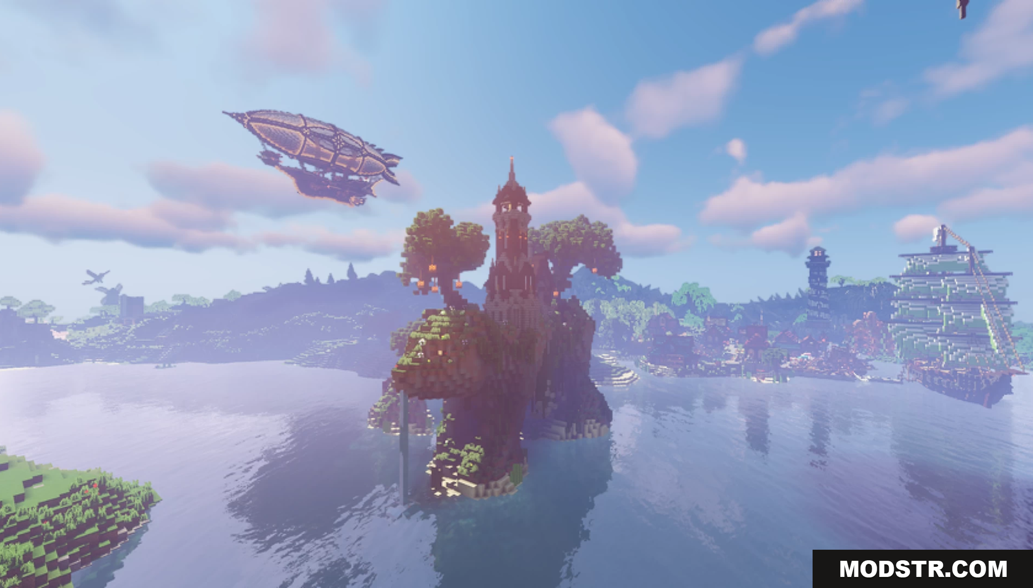 Stoneville Farmcraft City Map Screenshot 5 A steampunk airship flying over a small island castle