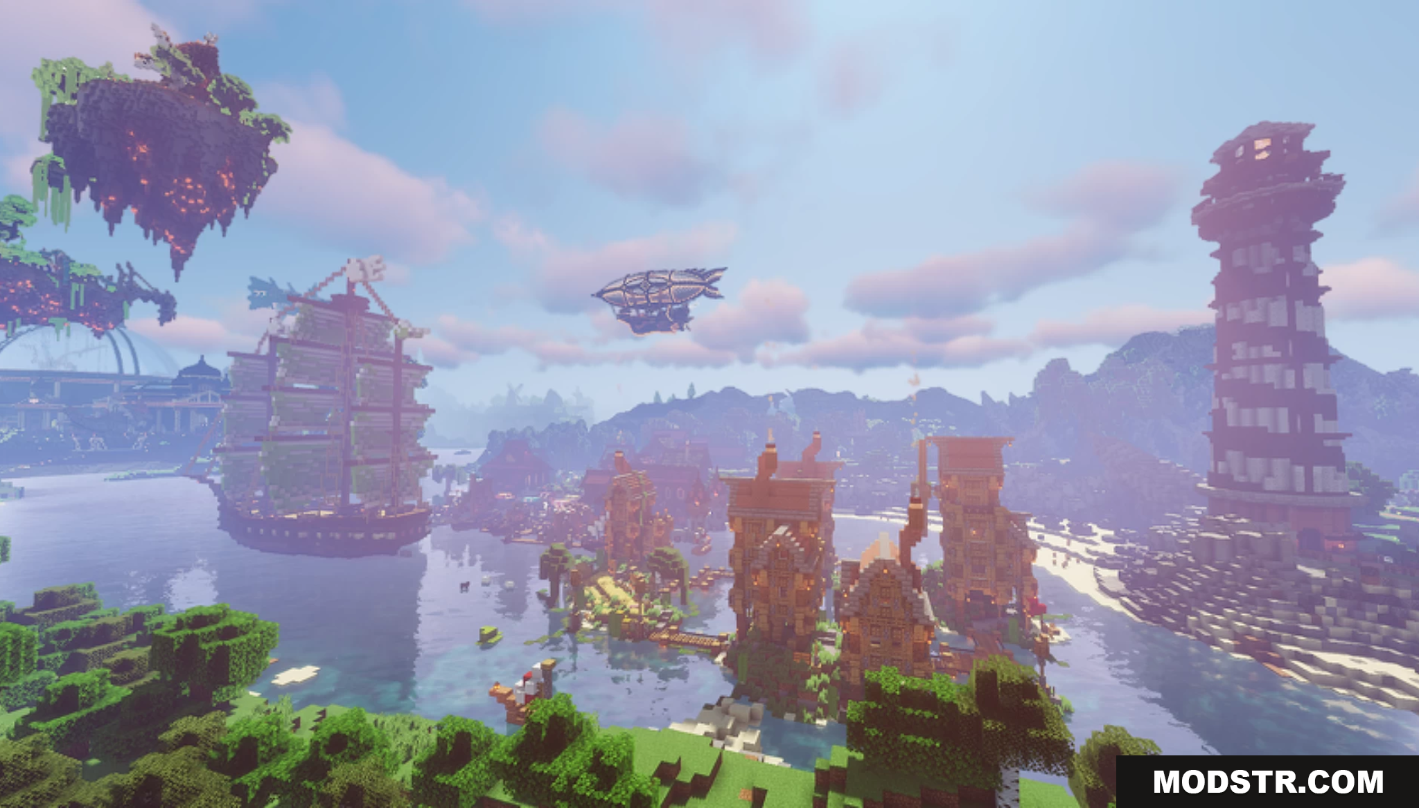 Stoneville Farmcraft City Map Screenshot 6 A bustling port city with ships and a flying airship