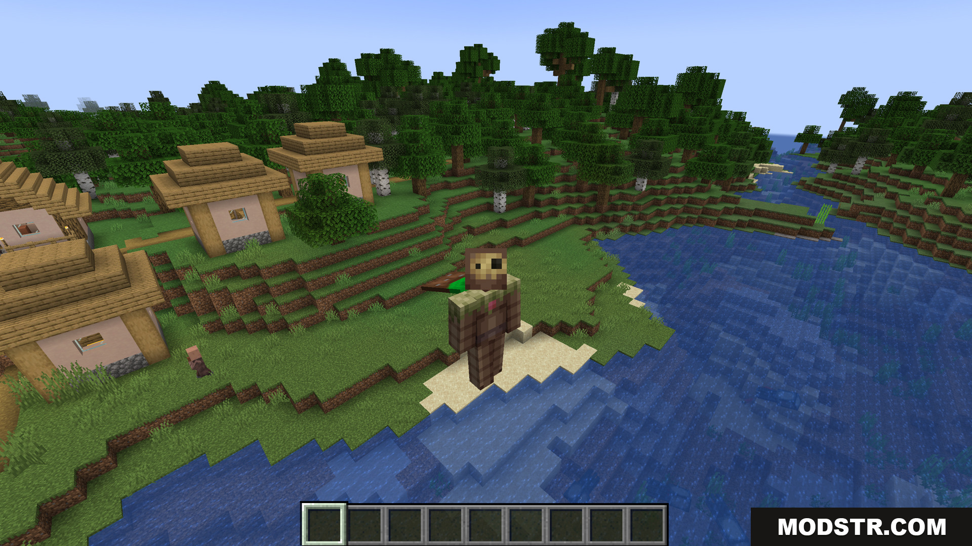 Stoprendering Mod Screenshot 5 Player wearing unique armor stands by a village