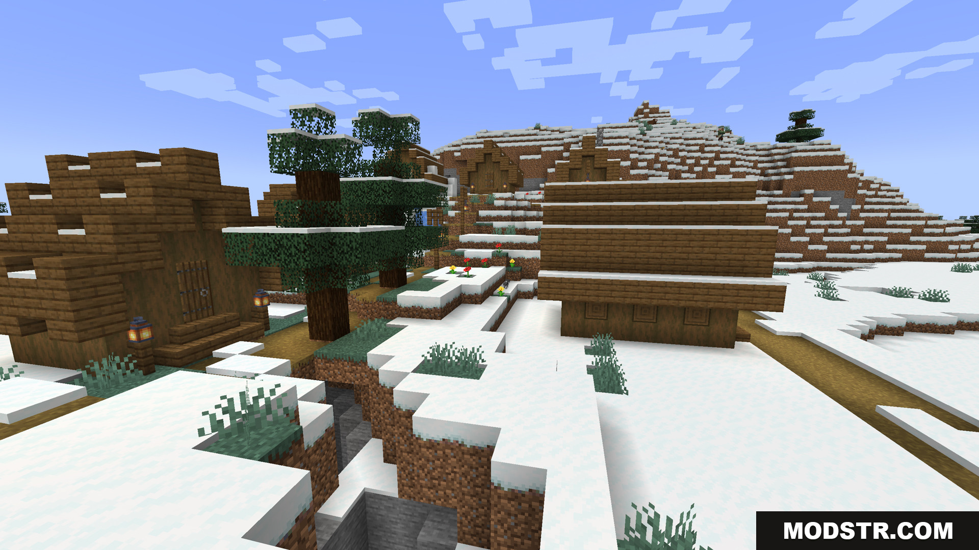 Stoprendering Mod Screenshot 8 Wooden houses and trees in a snowy mountain village