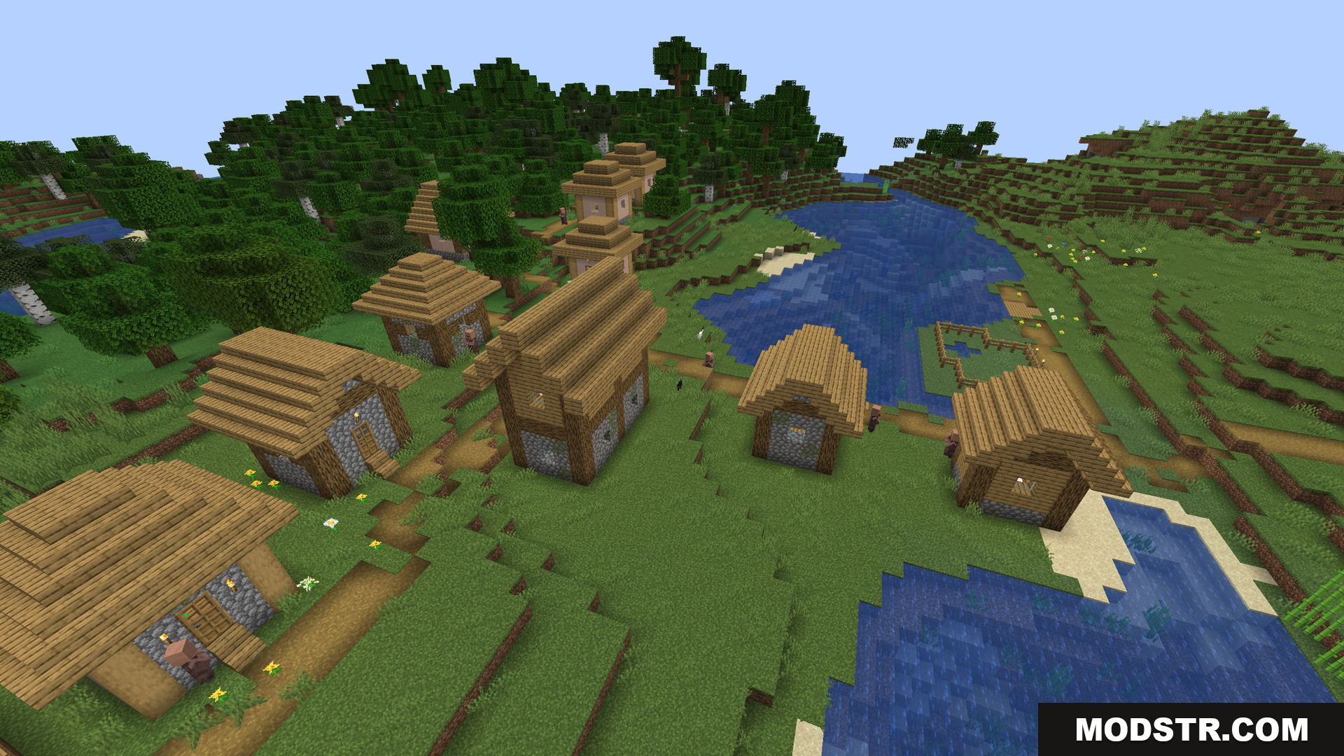 Stoprendering Mod Screenshot 3 A peaceful Minecraft village located by a river