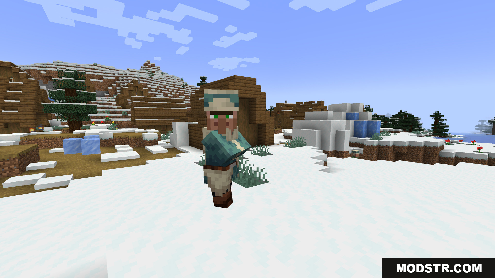 Stoprendering Mod Screenshot 9 A villager wearing winter clothes in a snowy biome