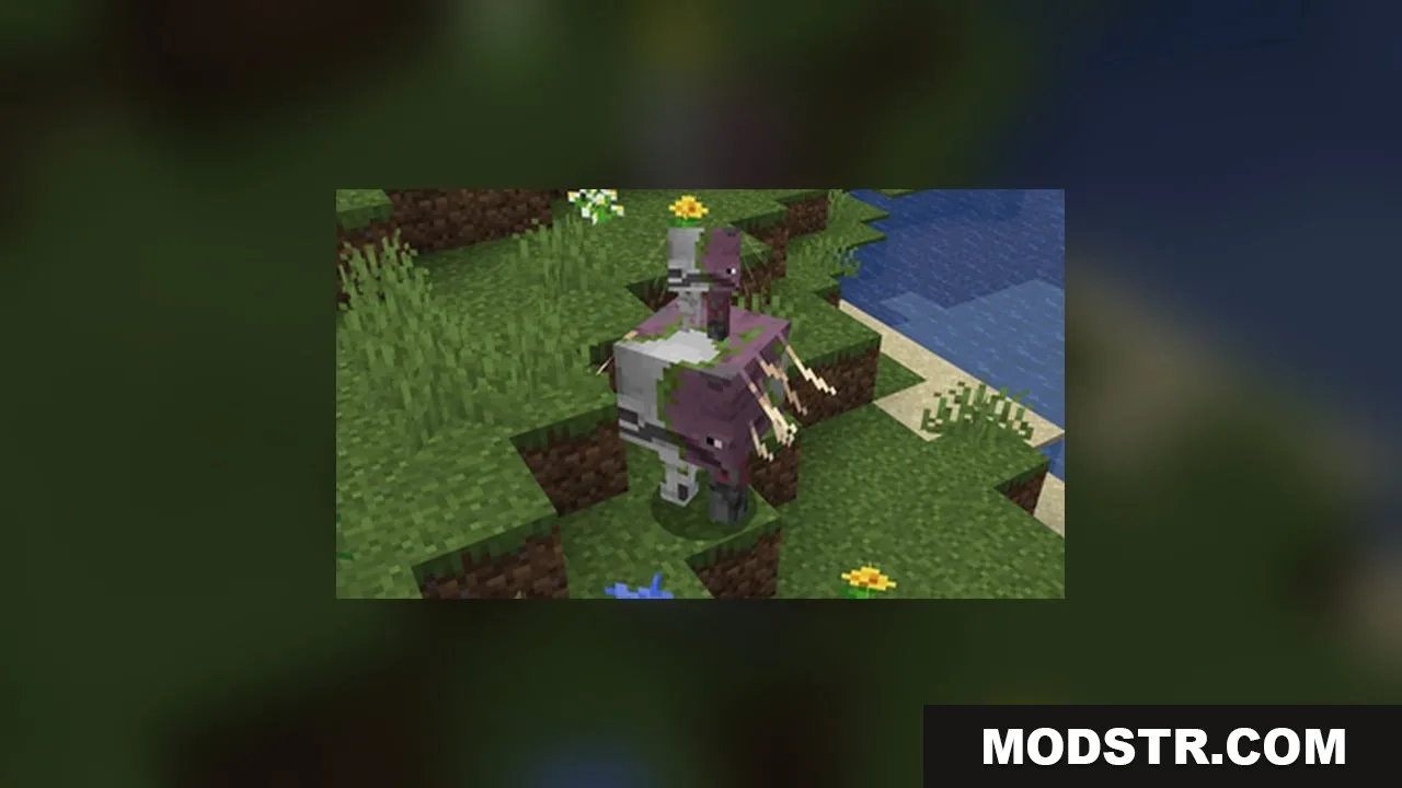 StriderZ Resource Pack Screenshot 4 A zombified strider carrying a baby strider in a grassy Overworld biome