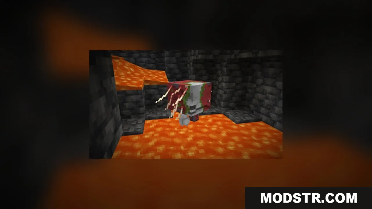 StriderZ Resource Pack Screenshot 3 A zombified strider standing near a lava pool inside a dark cave