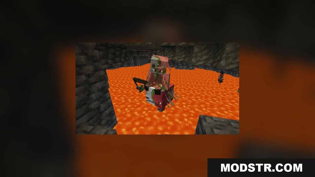StriderZ Resource Pack Screenshot 6 Zombified piglin riding a decaying strider on a large lake of lava