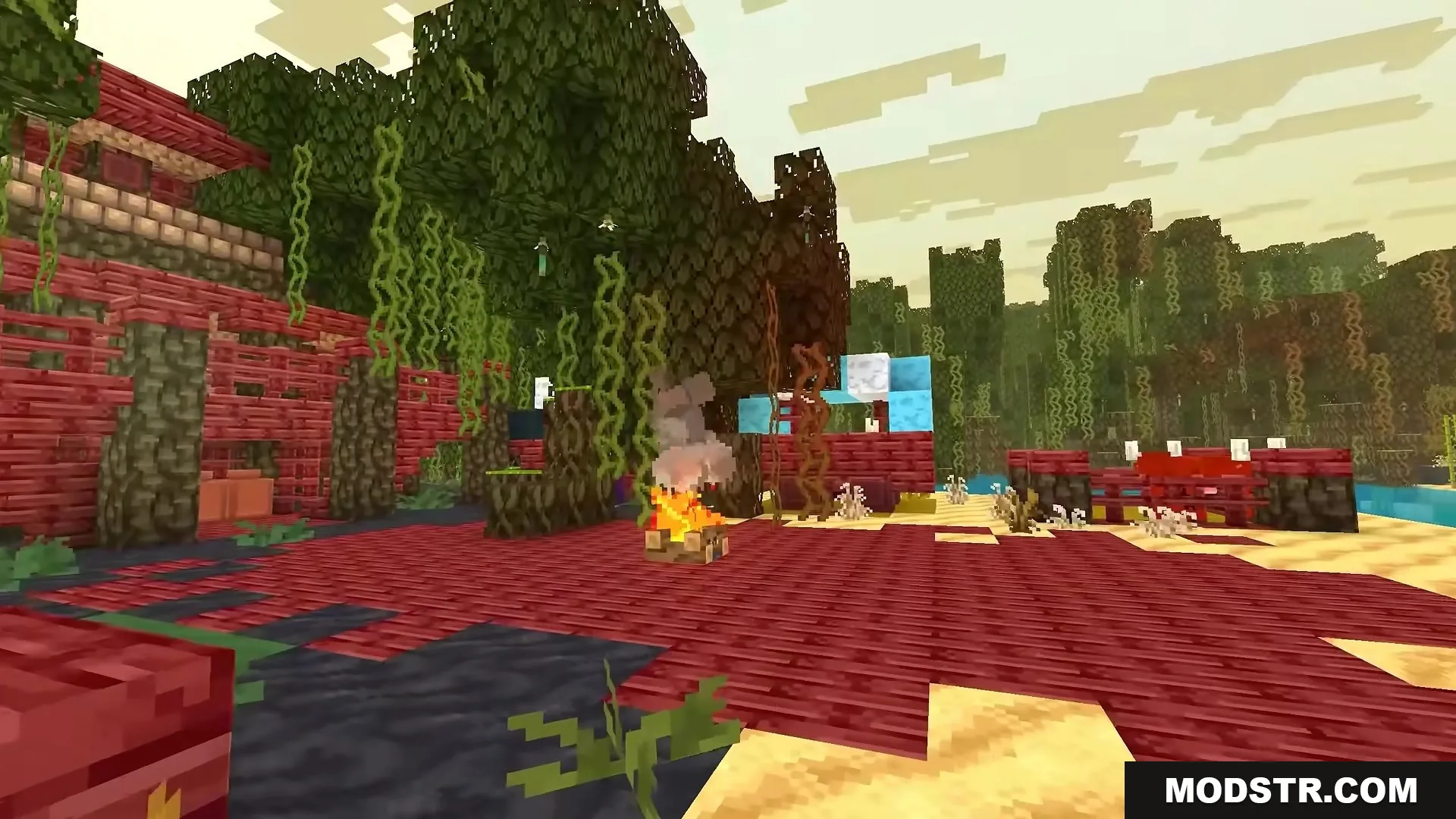 Stupendous Visuals Resource Pack Screenshot 17 A campfire burning on red wooden planks in a colorful Minecraft forest