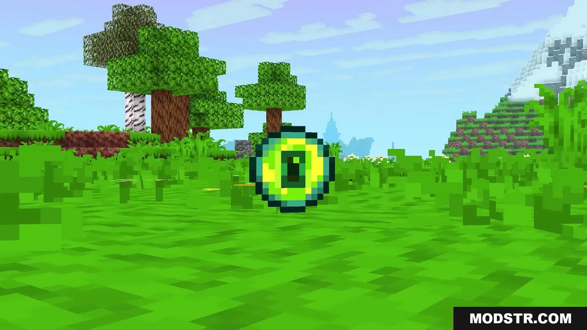 Stupendous Visuals Resource Pack Screenshot 6 A floating Eye of Ender item in a vibrant and lush forest