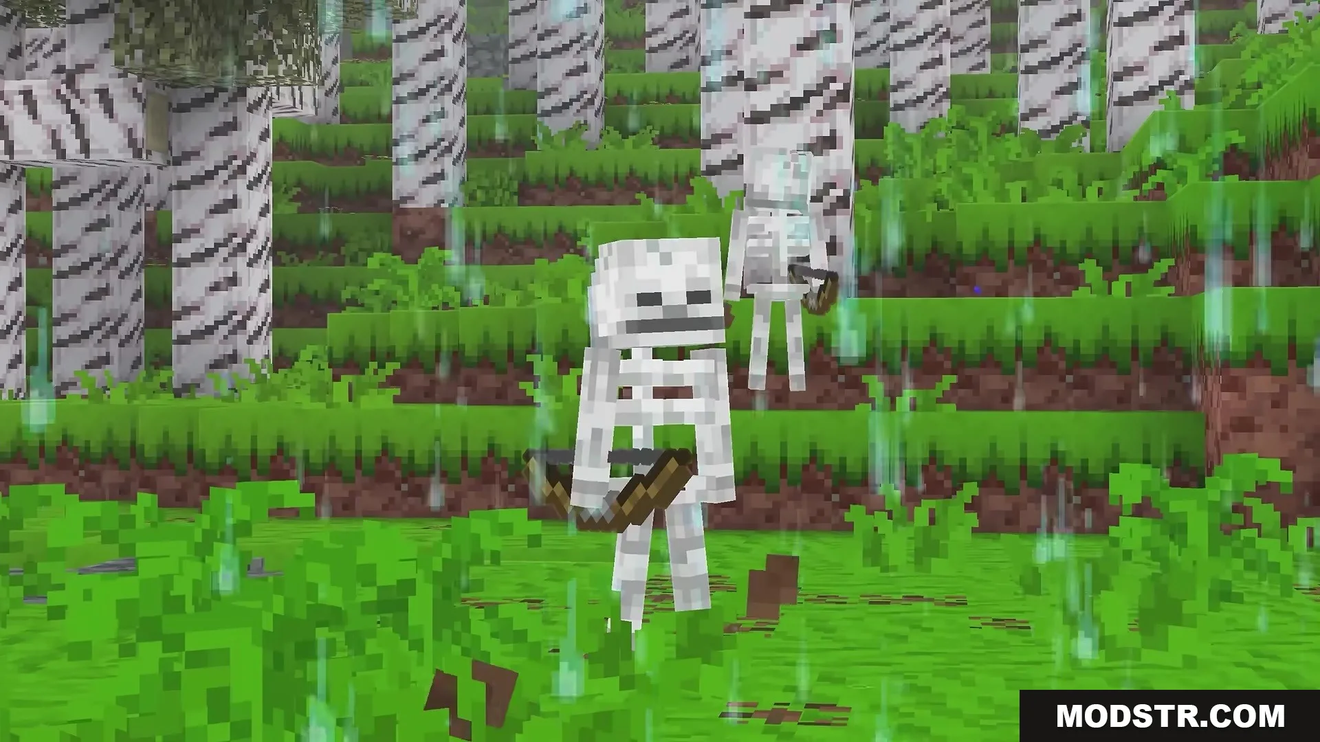 Stupendous Visuals Resource Pack Screenshot 14 Two skeletons holding bows in a birch forest during a rainy day