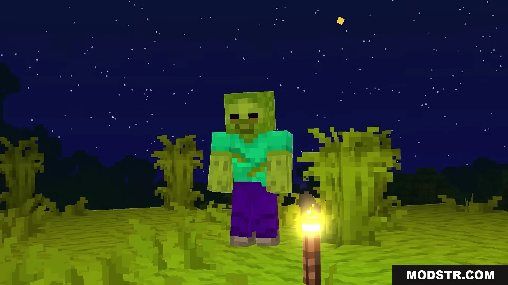 Stupendous Visuals Resource Pack Screenshot 12 A zombie with torn clothes stands near a lit torch at night