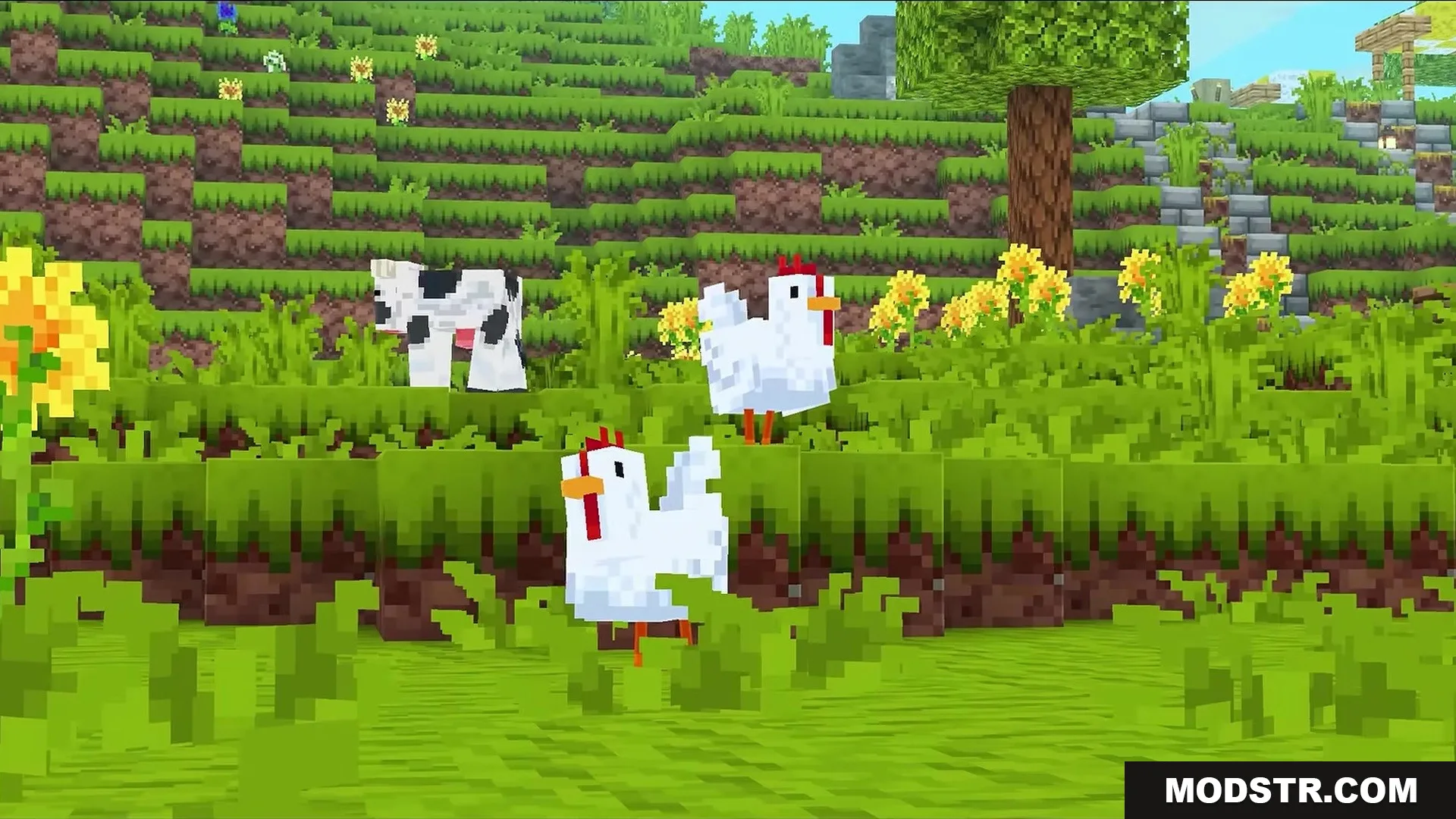 Stupendous Visuals Resource Pack Screenshot 7 A cow and two chickens in a bright field with yellow flowers