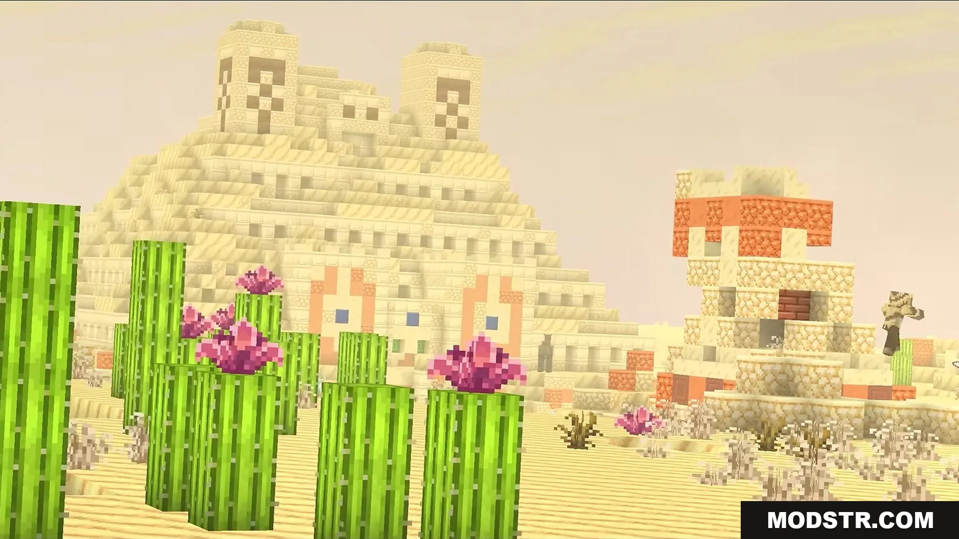 Stupendous Visuals Resource Pack Screenshot 3 A bright desert biome with a massive sandstone temple and flowering cacti