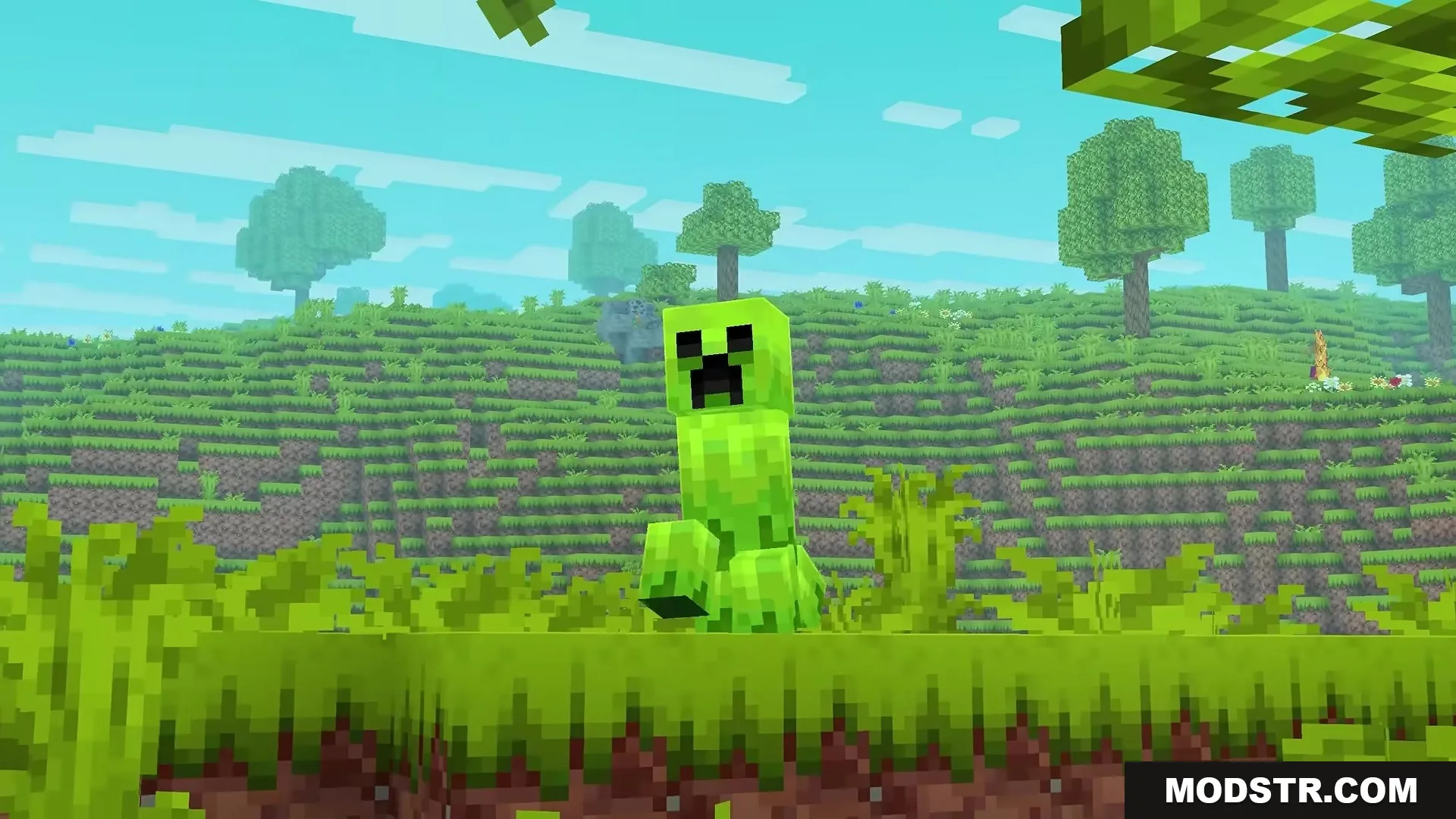 Stupendous Visuals Resource Pack Screenshot 13 A bright green Creeper standing in a vibrant grassy field under a blue sky