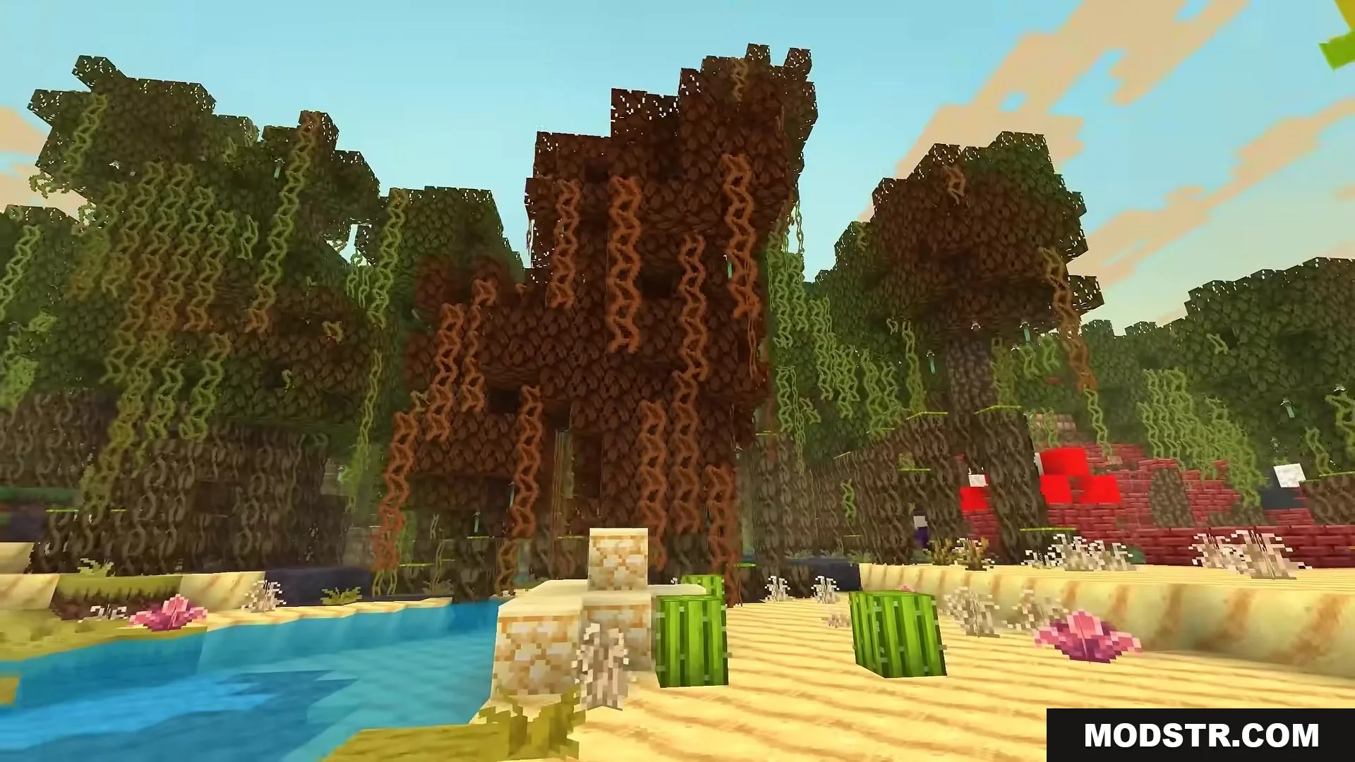 Stupendous Visuals Resource Pack Screenshot 15 Vibrant trees with hanging vines grow along a bright sandy riverbank in Minecraft