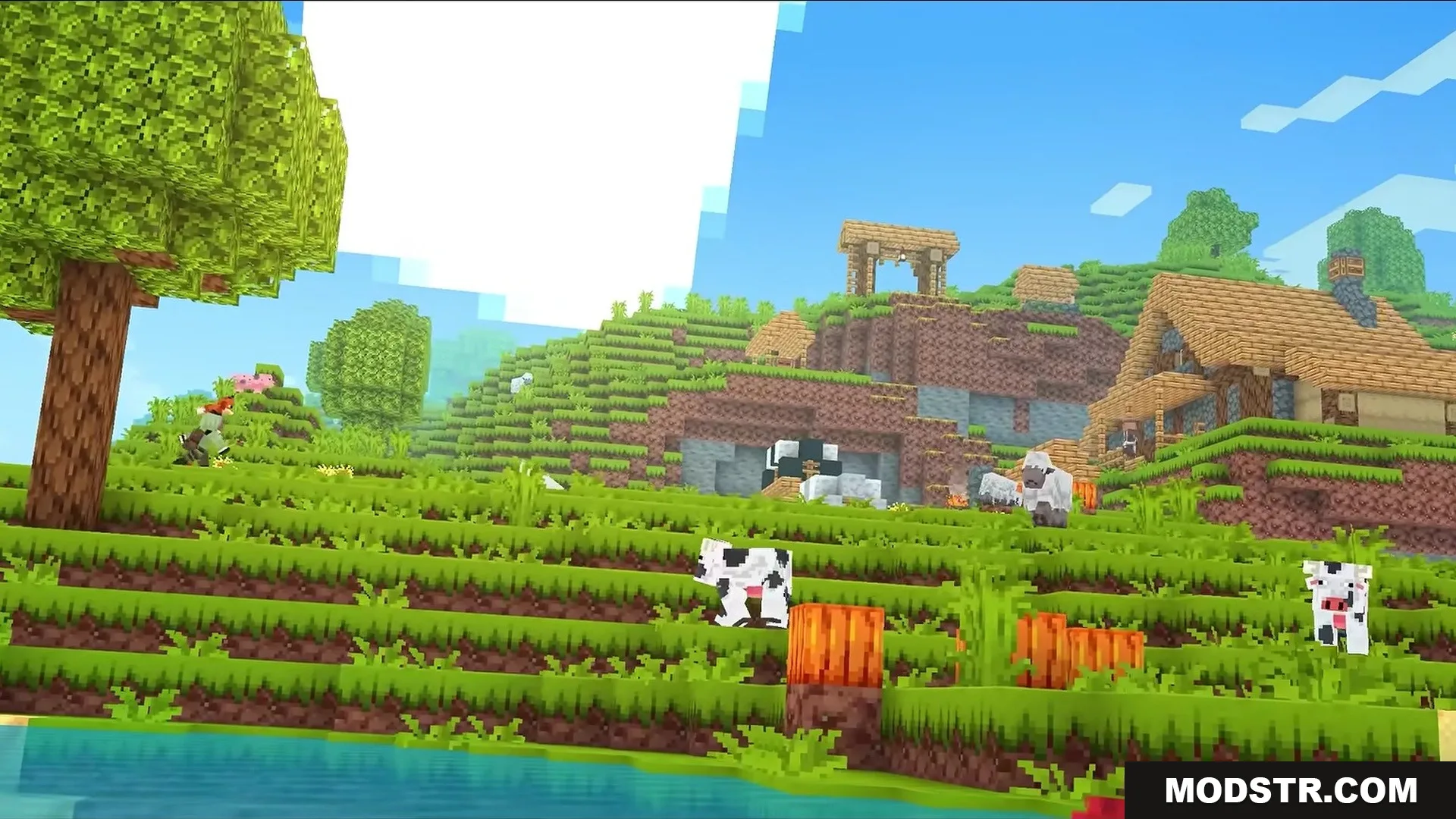 Stupendous Visuals Resource Pack Screenshot 2 Cows graze on a vibrant green hillside near a cozy village house
