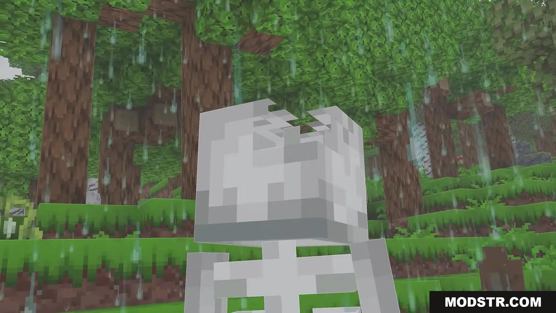 Stupendous Visuals Resource Pack Screenshot 11 A skeleton with a cracked skull stands in a rainy forest