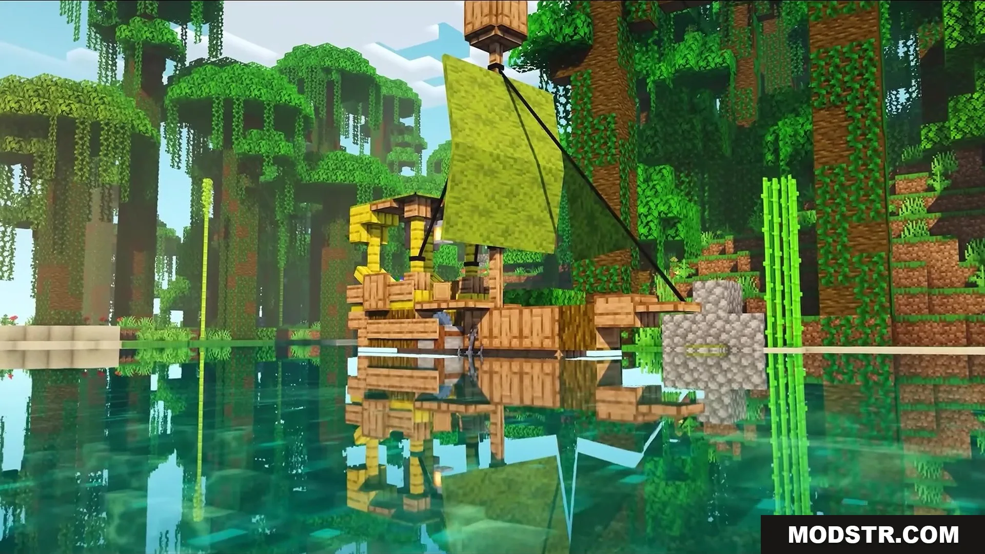 Stupendous Visuals Resource Pack Screenshot 1 A small wooden boat with a green sail floats on a colorful jungle lake