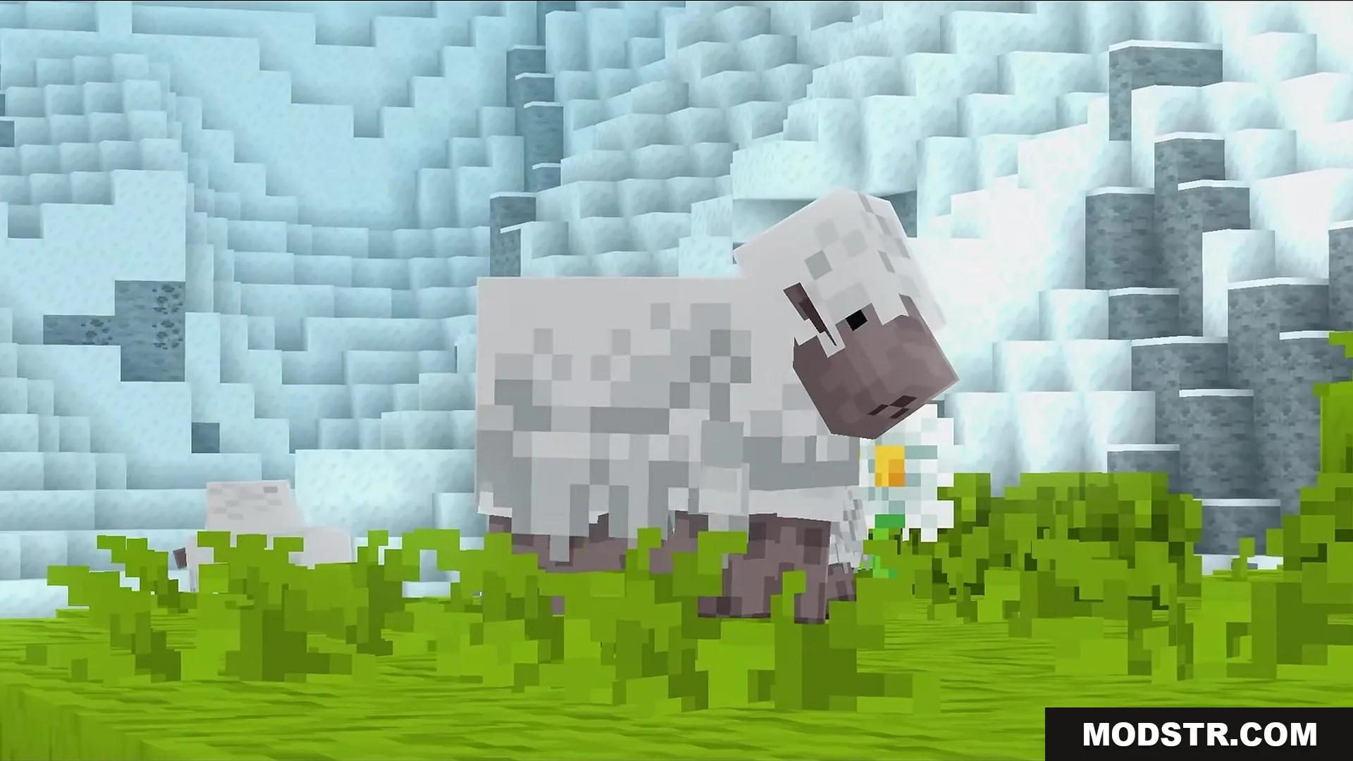 Stupendous Visuals Resource Pack Screenshot 10 A white sheep standing in green grass with a snowy mountain background