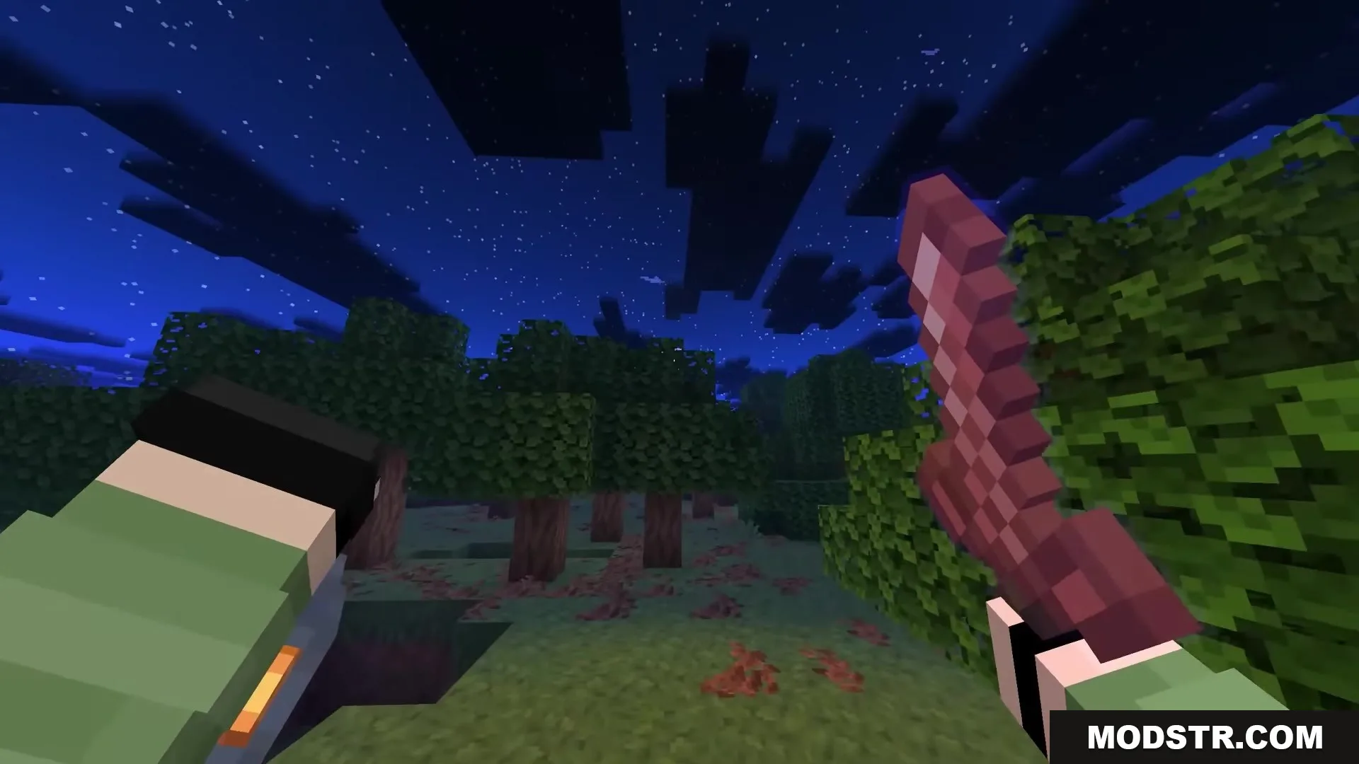 Sunbathing Godrays Resource Pack Screenshot 5 Player holding a sword in a dark forest under the starry night sky