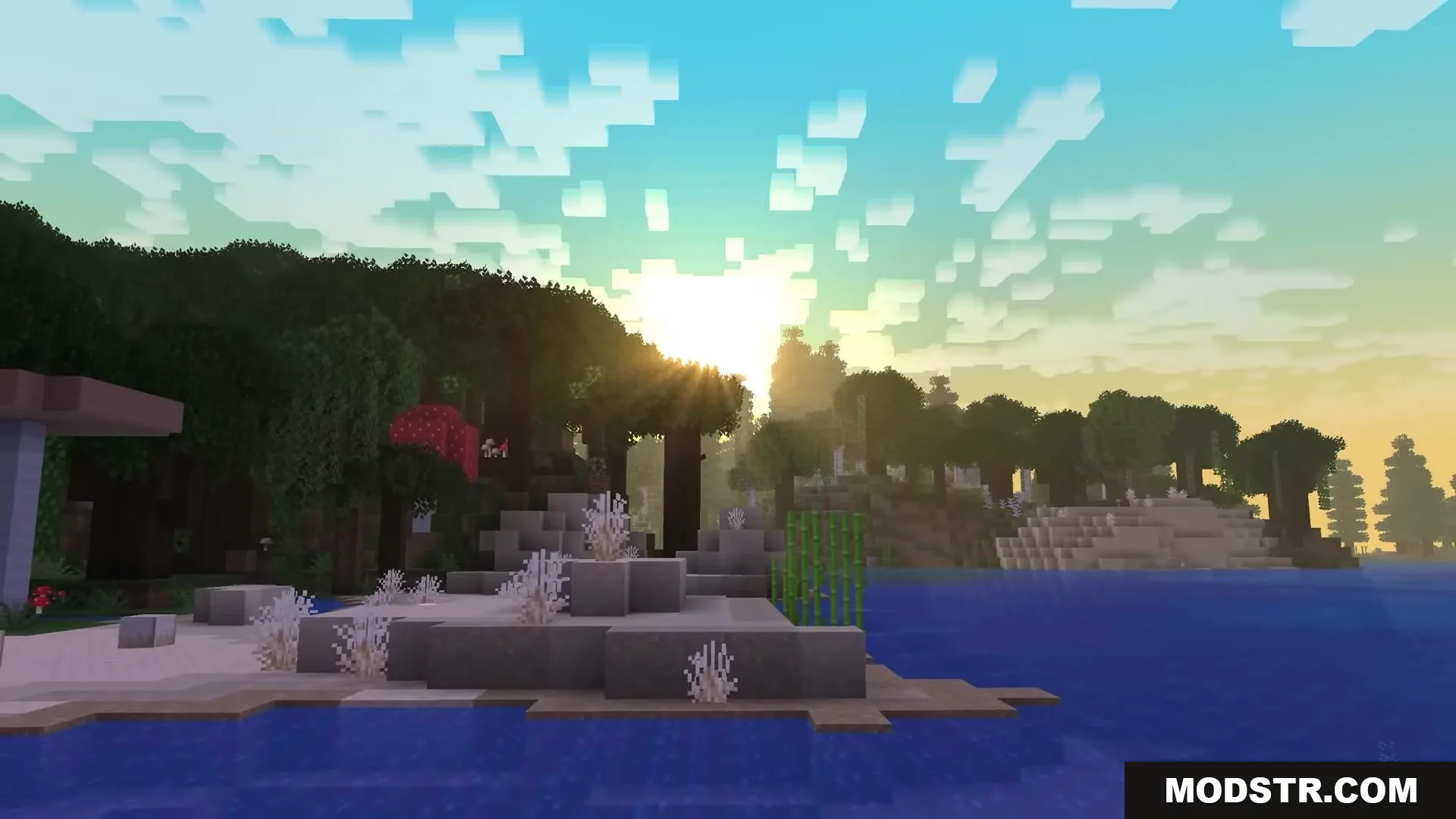 Sunbathing Godrays Resource Pack Screenshot 6 Sunbeams from Sunbathing Godrays Resource Pack shining through trees over a lake