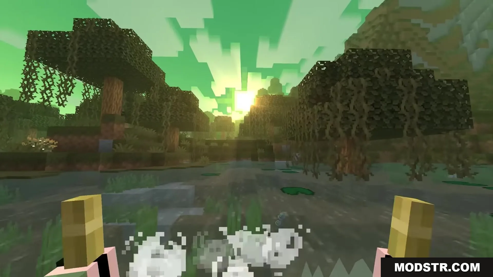 Sunbathing Godrays Resource Pack Screenshot 4 Player rows a boat through a swamp while Sunbathing Godrays illuminate the sky
