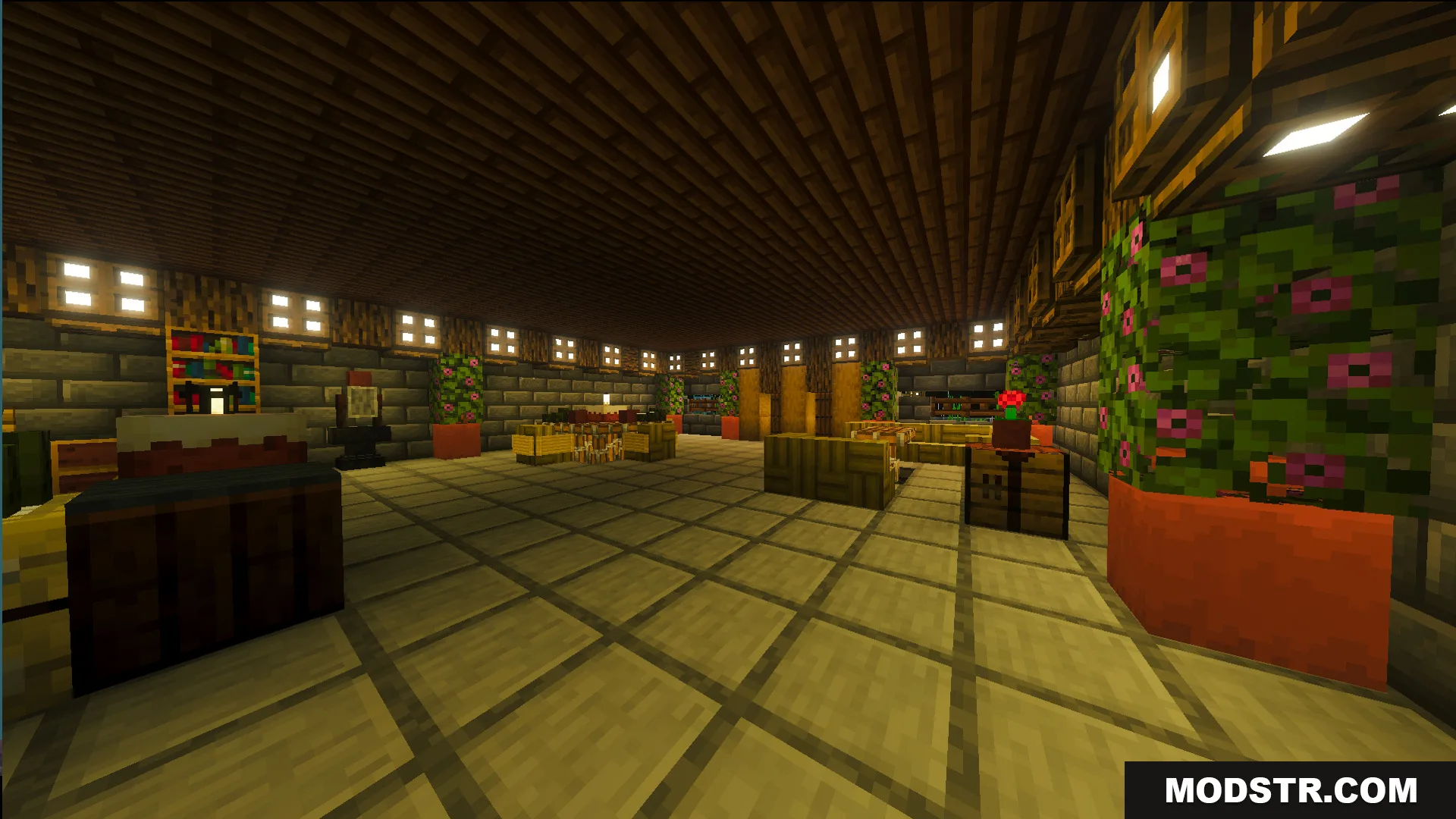 Large living area with flower pots and bookshelves inside the survival home