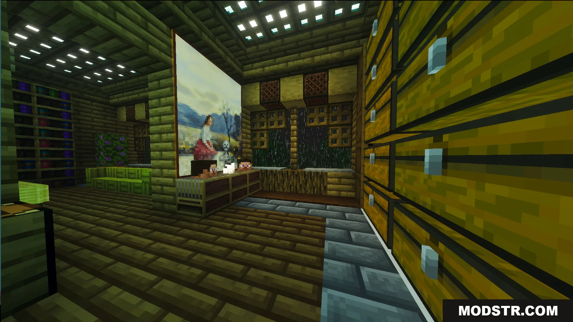 A cozy base interior featuring a large painting and rows of storage chests