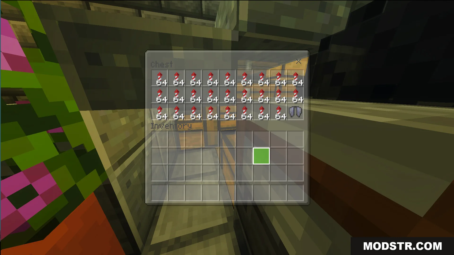 Chest interface showing many stacks of useful items for survival mode gameplay