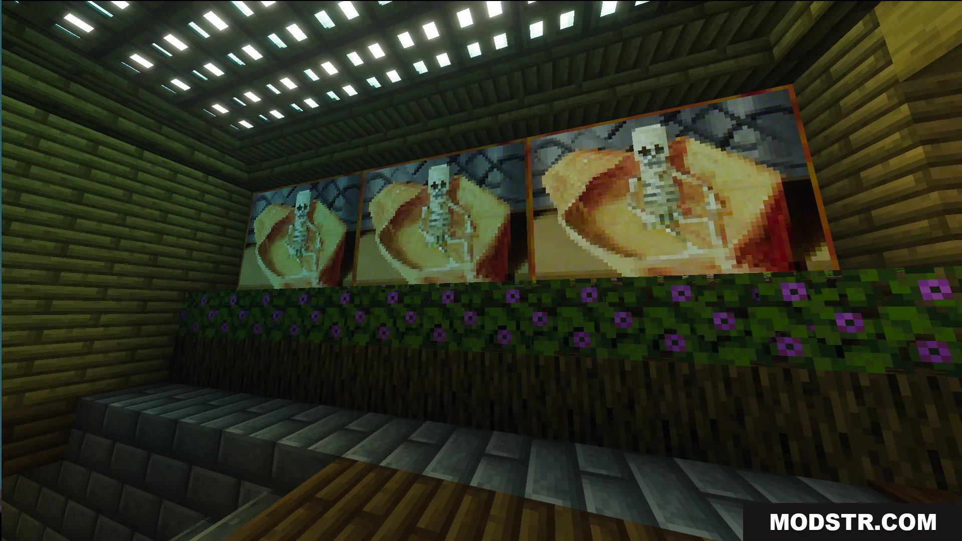 Three skeleton paintings displayed on a wooden wall with purple flowering leaf blocks