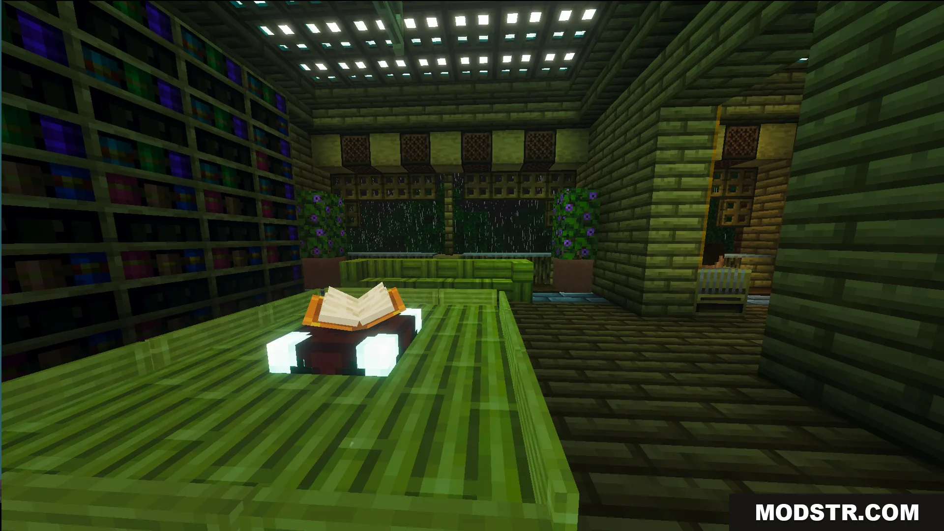 Cozy library room with bookshelves and an open book on a green table