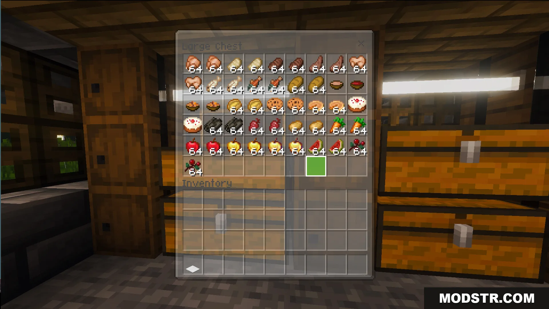 Large chest inventory containing various stacks of food items for survival players