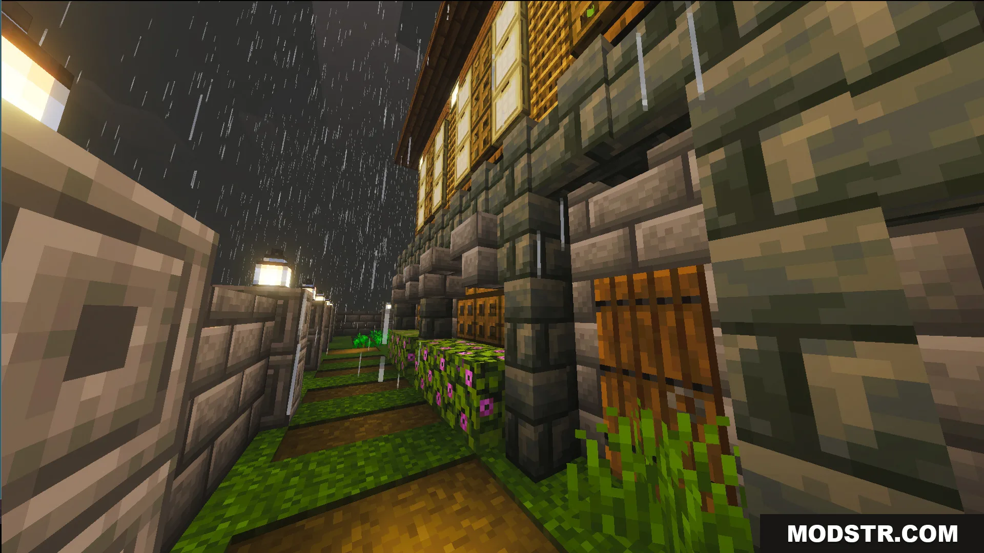 Exterior view of a decorated stone and wood house during a rainy day