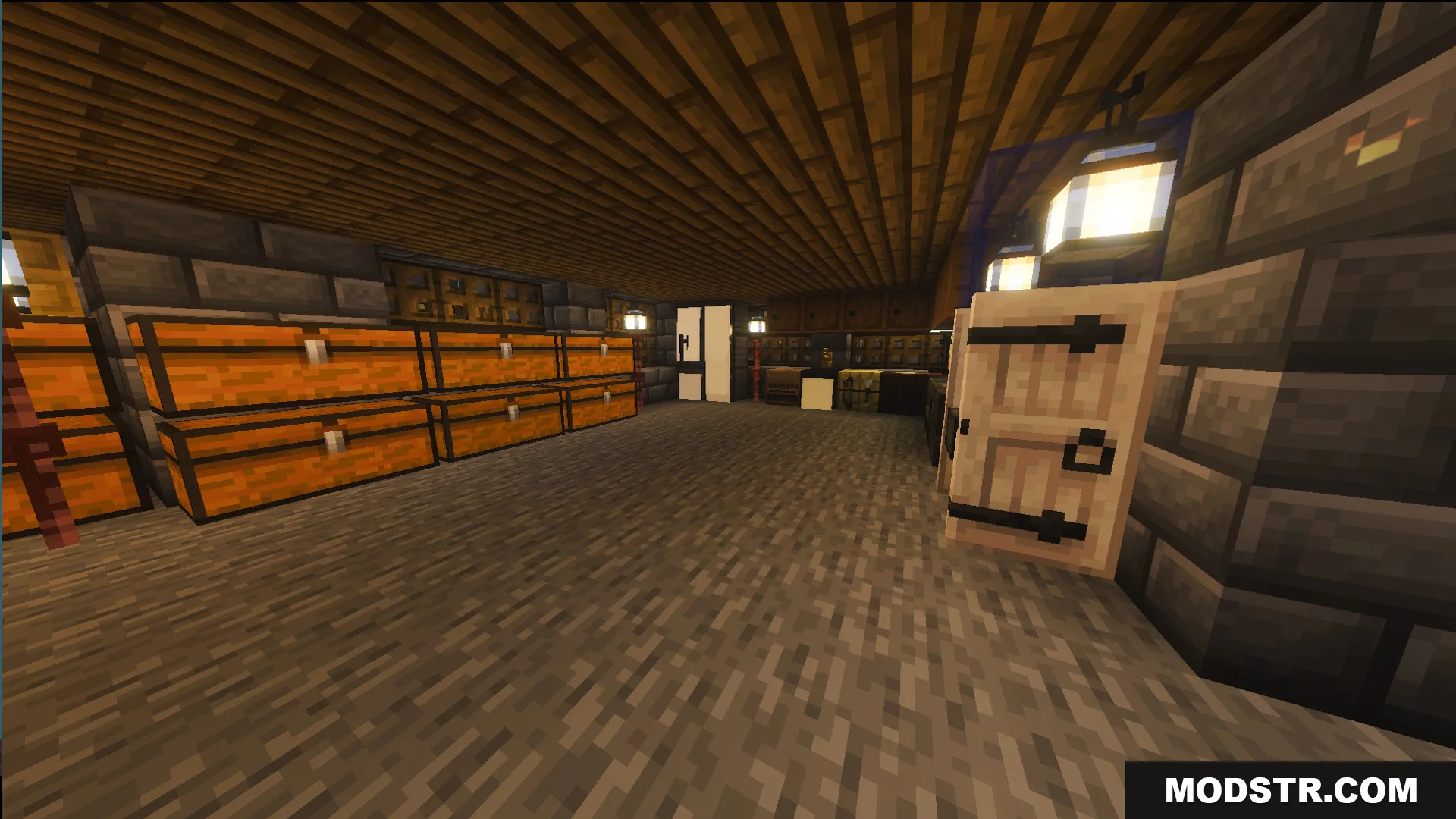 Interior view of stacked double chests and a door in the survival house