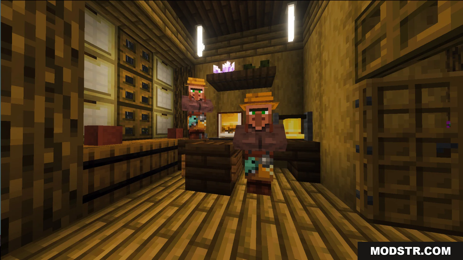 Two villagers standing behind a counter inside a fully decorated storage room
