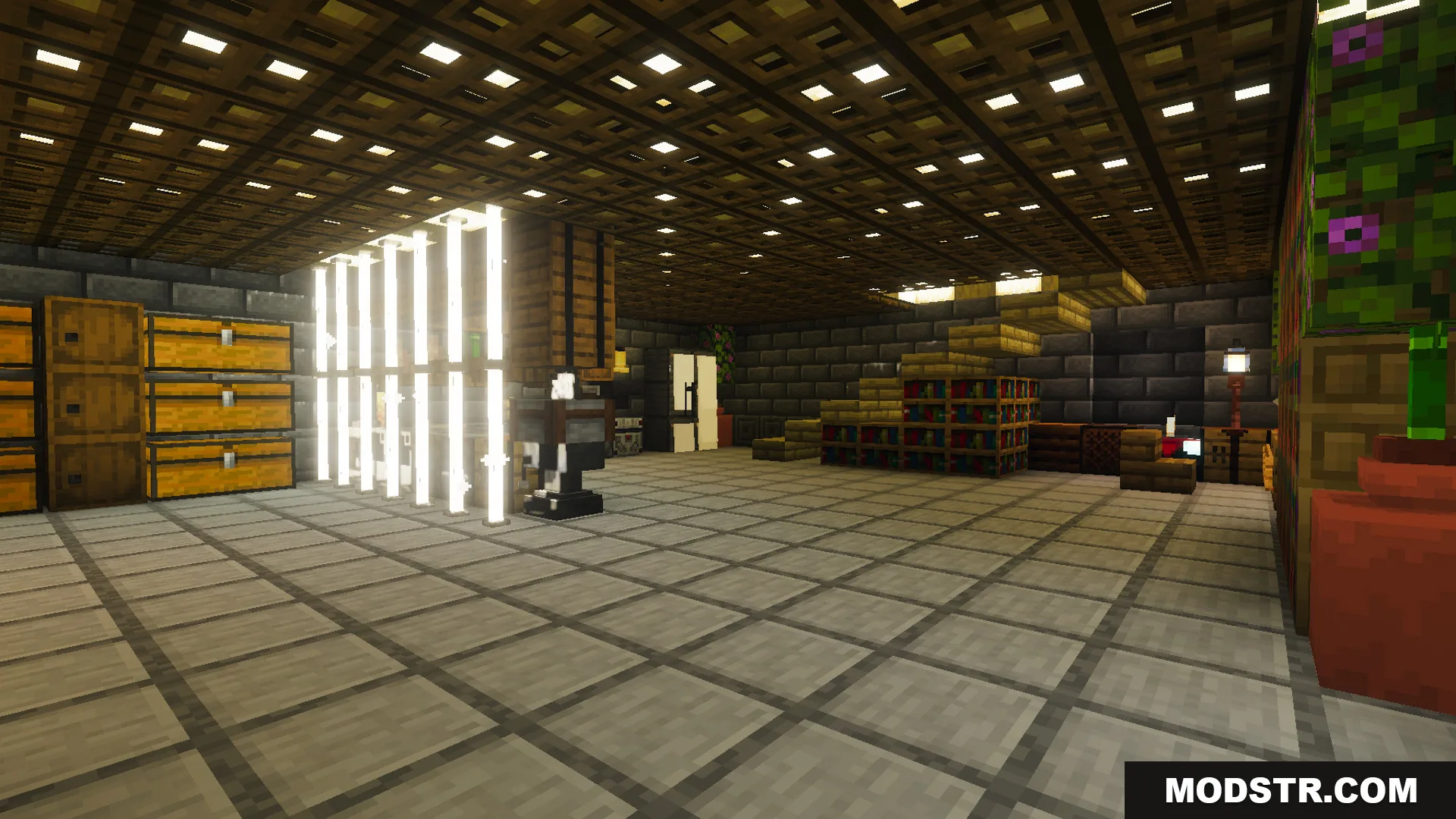 Large interior room with storage chests bookshelves stairs and bright lighting setup