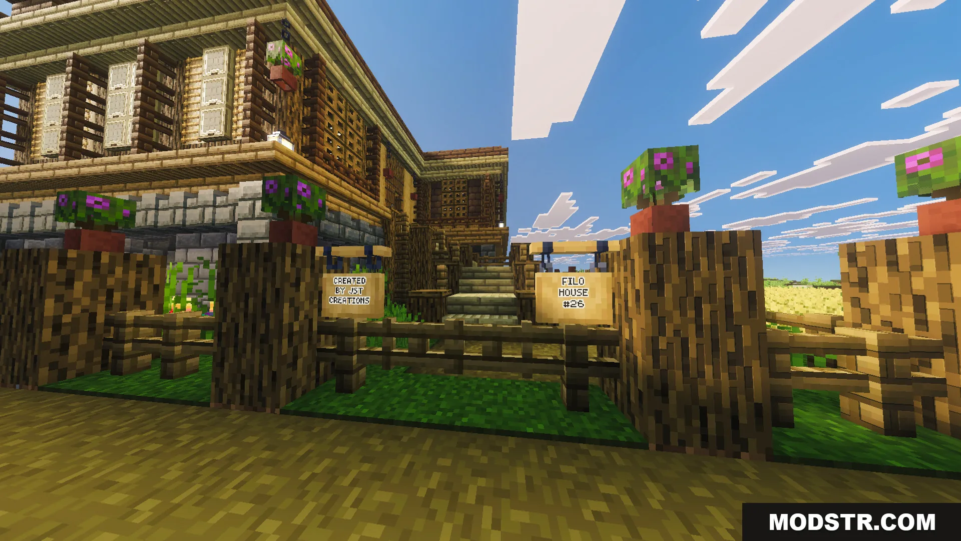 Entrance to the Survival Filo House map with wooden fences and flower pots