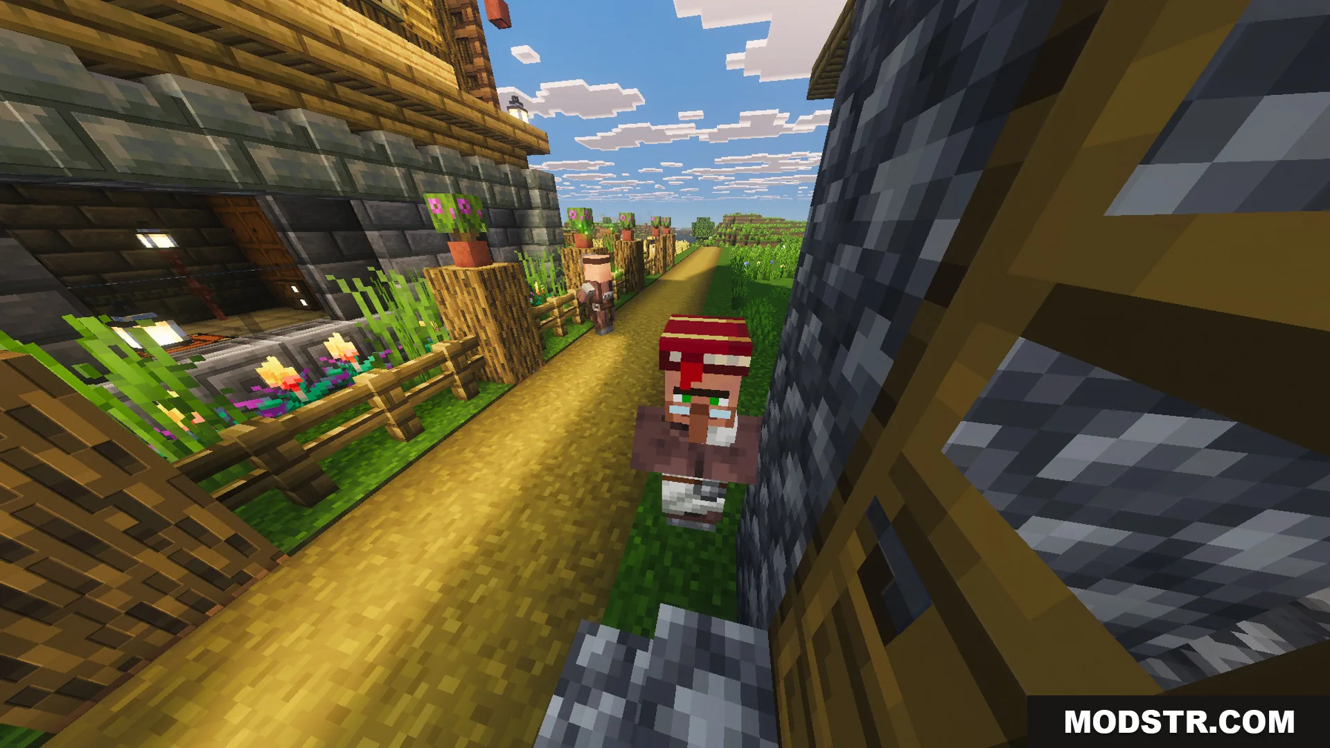 Villager standing on a path right next to the two story wooden house