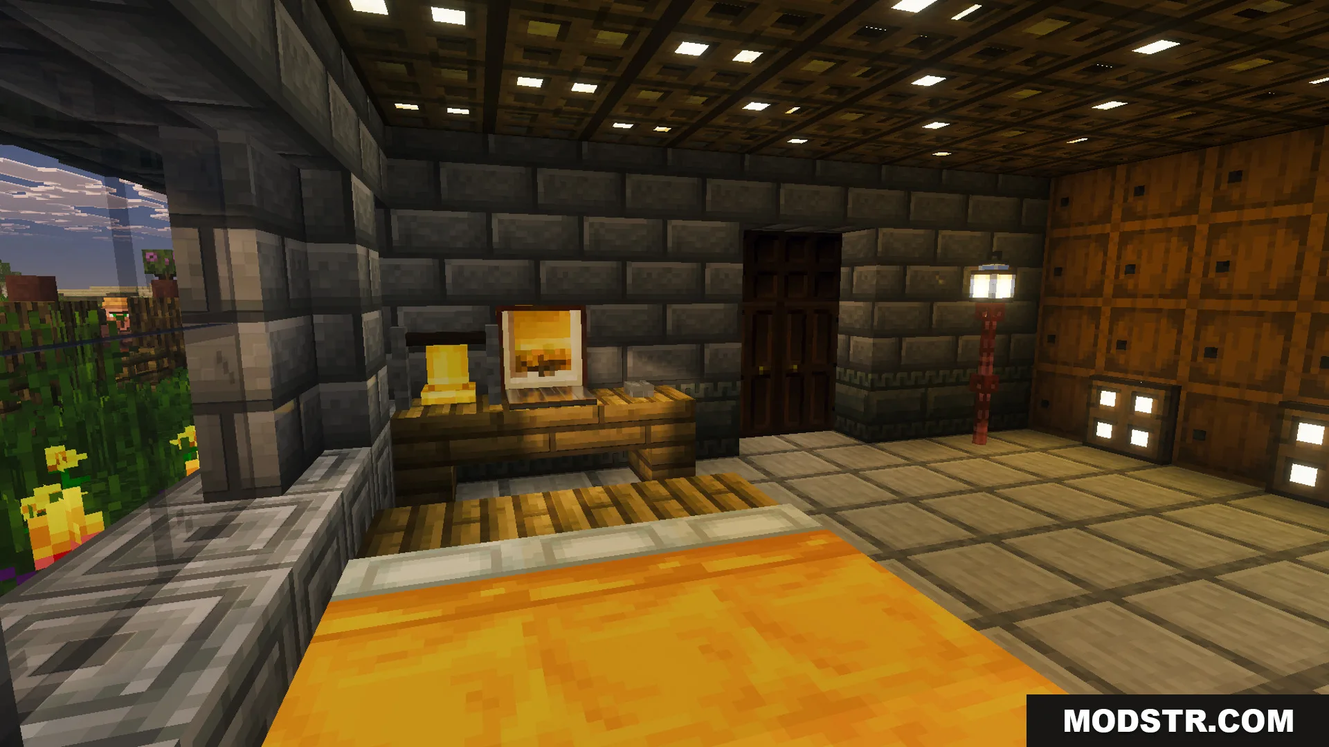 Decorated bedroom interior with yellow bed wooden desk and stone brick walls