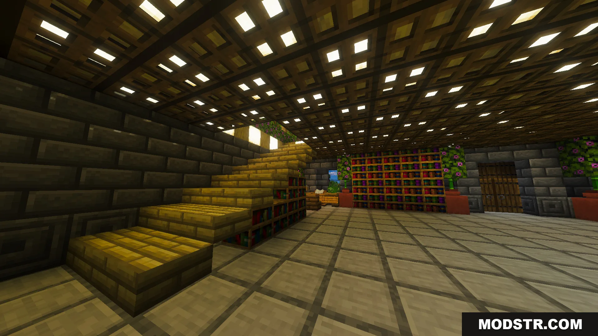 A large room with a wooden staircase and bookshelves